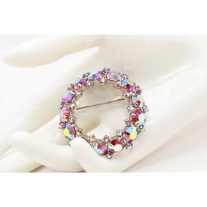 Vintage AB Pink Rhinestone Wreath Brooch Weiss Style Rhodium 1960s